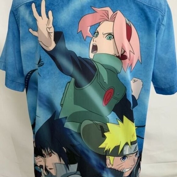 Naruto Shippuden Shirt Men Size M Blue Group Woven Button-up Japanese Text - Picture 5 of 8